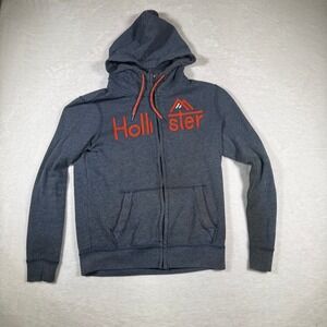 Hollister Zip Up Hoodie Orange Logo Grey Heathered Cotton Blend Size XS